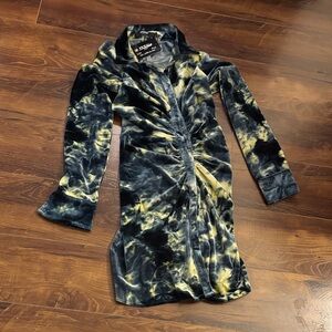 Jaded London Tie Dye Velvet Blue and Yellow Ruched Shirt Dress